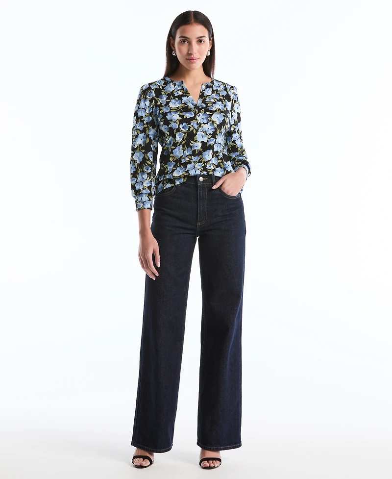 Rafaella Petite Floral Print Shirred Henley Neck Top