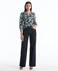 Rafaella Petite Floral Print Shirred Henley Neck Top