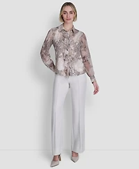 Dkny Women's Printed Ruffle Front Long-Sleeve Collared Blouse
