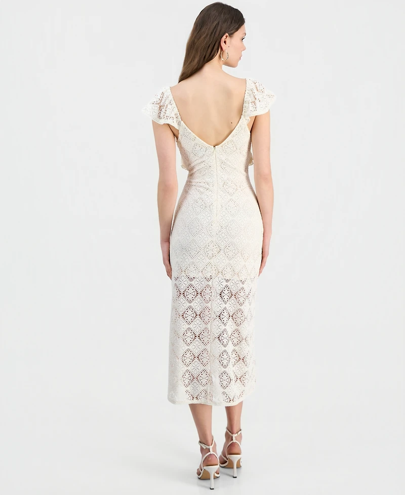 14th Place Juniors' Cap-Sleeve Crochet Midi Dress