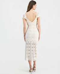 14th Place Juniors' Cap-Sleeve Crochet Midi Dress