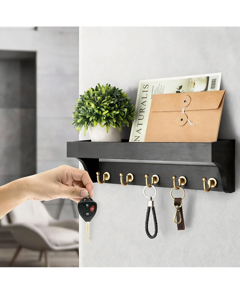 Yigii Wood Key Rack with Hooks and Shelves for Entryway Decoration