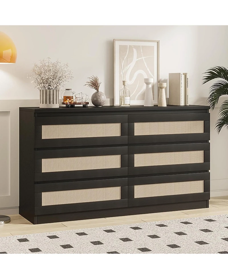 gaomon 6 Drawer Double Dresser for Bedroom, Rattan Dresser with Smooth Mental Slide, Modern Wood Chest for Closet, Living Room, Hallway