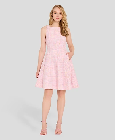 Tahari Asl Women's Boucle Shoulder Boat Neck Hardware Dress