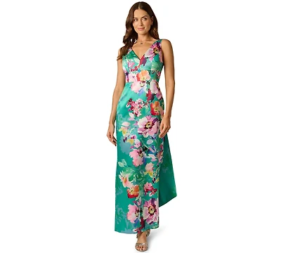 Adrianna Papell Women's Printed Mikado Bow Back V-Neck Gown