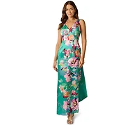 Adrianna Papell Women's Printed Mikado Bow Back V-Neck Gown