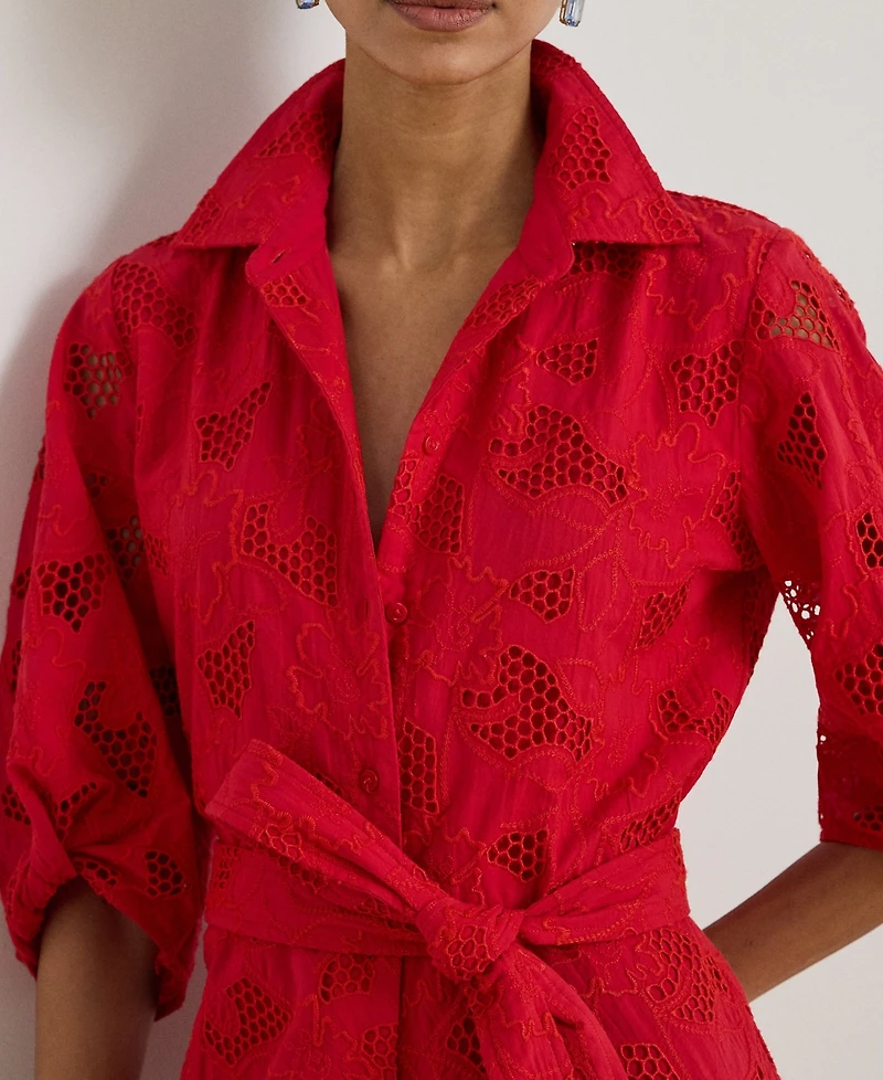 Lauren Ralph Petite Eyelet Voile Spread Collar Shirt Dress