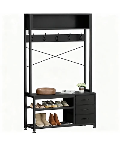 Yigii 6-in-1 Entryway Shoe Bench Coat Rack with 12 Hooks, 3 Drawers, and Storage