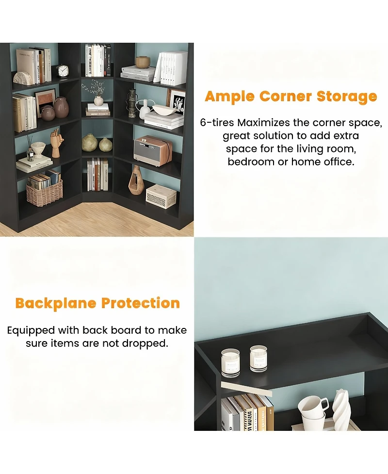 Yigii L Shaped Corner Bookshelf 6 Tiers Storage Display Rack