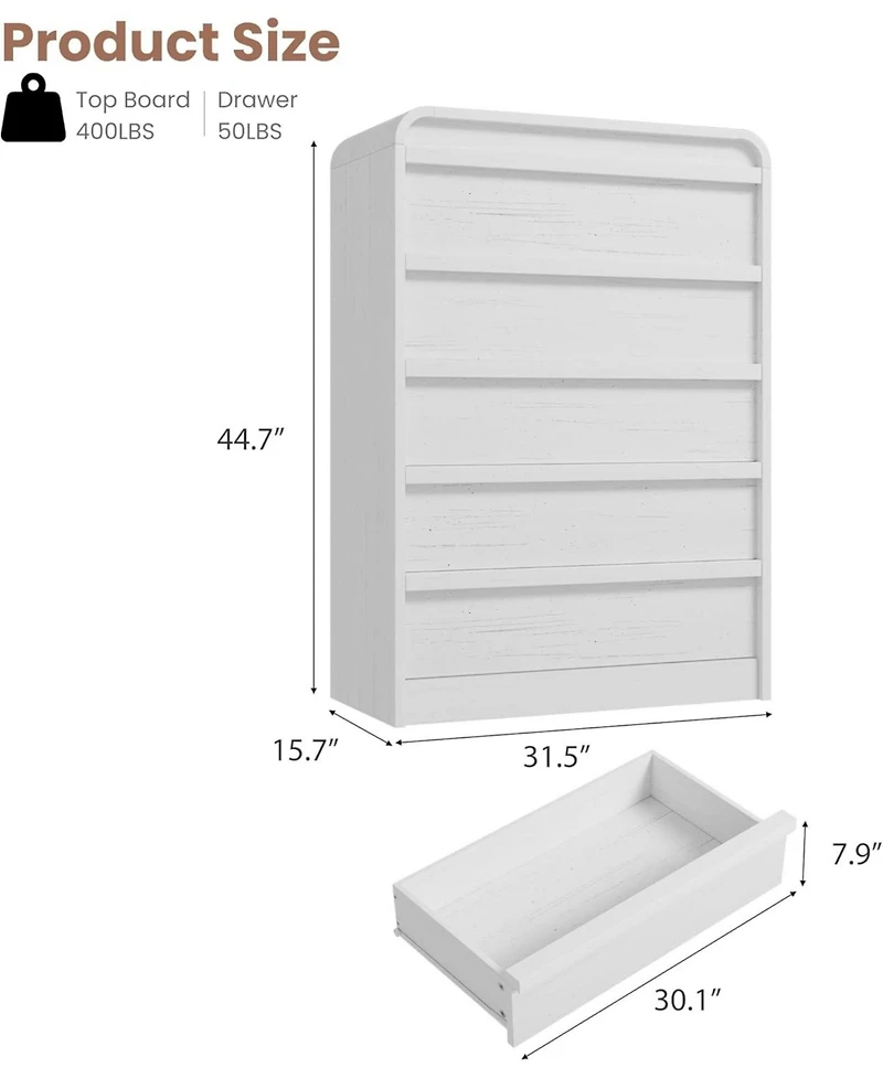 gaomon Arched 5 Drawer Dresser for Bedroom, 45in Tall Wooden 5 Chest of Drawers with Curved Profile Design, Modern Closet Storage Organizer