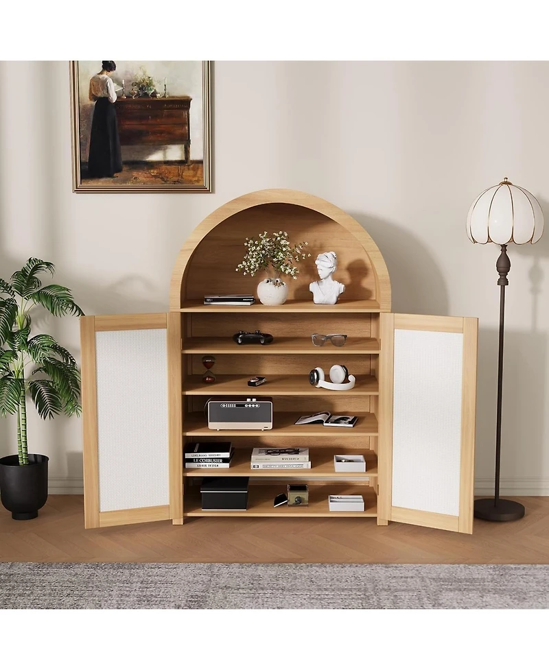 gaomon 47.8" Farmhouse Arched Shoe Cabinet with Rattan Doors, 5-Tier Shoe Rack with Adjustable Shelves, Storage Cabinet Organizer for Entryway