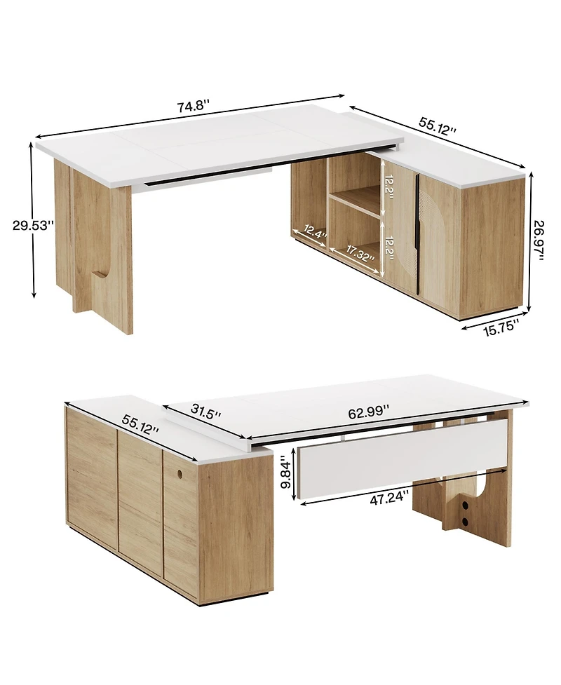 Tribesigns Large Executive Desk, 74.8 Inch L Shaped Computer Desk with Shelves and Cpu Storage, Modern Workstation Set, White and Wood