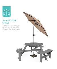 Best Choice Products 6-Person Circular Outdoor Wooden Picnic Table w/ 3 Built-In Benches, Umbrella Hole