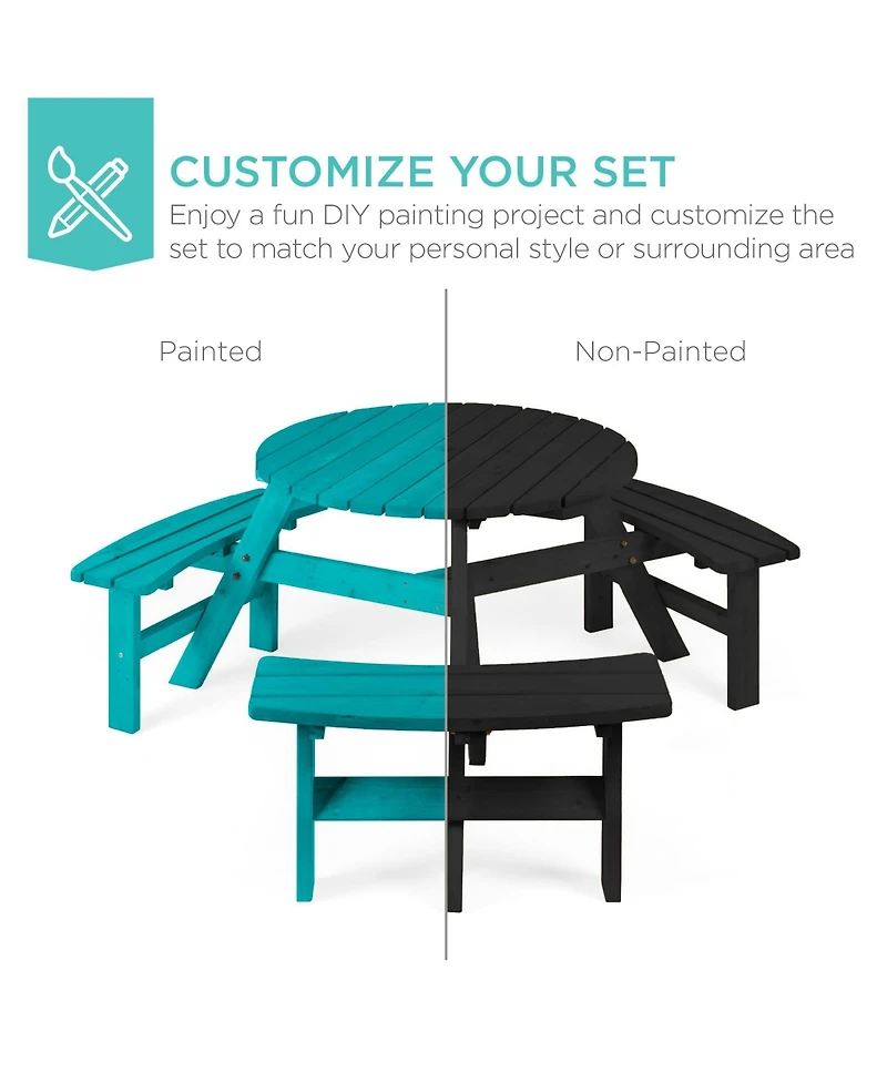 Best Choice Products 6-Person Circular Outdoor Wooden Picnic Table w/ 3 Built-In Benches, Umbrella Hole