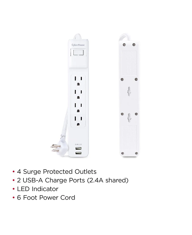 CyberPower P406U 4-Outlet Home/Office Surge Protector with 2x Usb-a Port, White