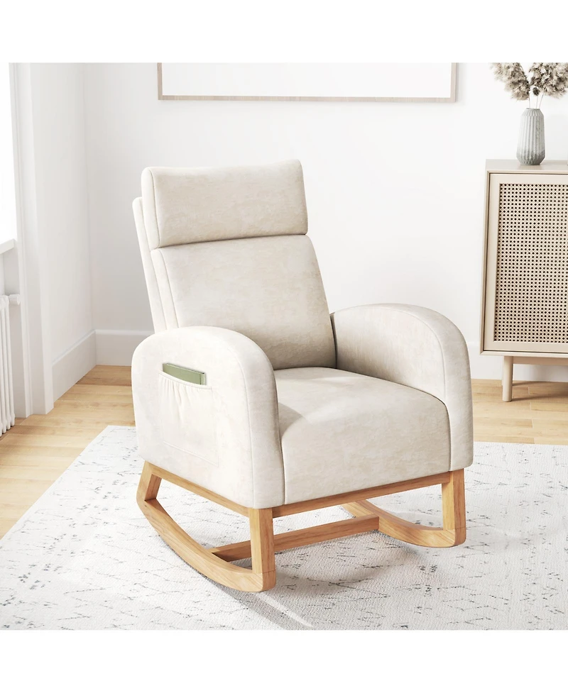 Slickblue Upholstered Nursery Rocking Chair with Natural Wood Frame