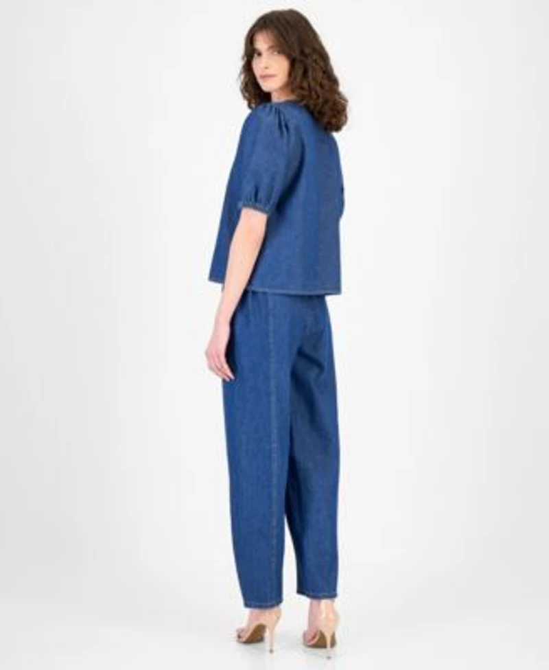 Anne Klein Womens Cotton Gathered Denim Blouse Cotton High Rise Wide Leg Jeans