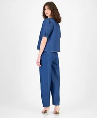 Anne Klein Womens Cotton Gathered Denim Blouse Cotton High Rise Wide Leg Jeans