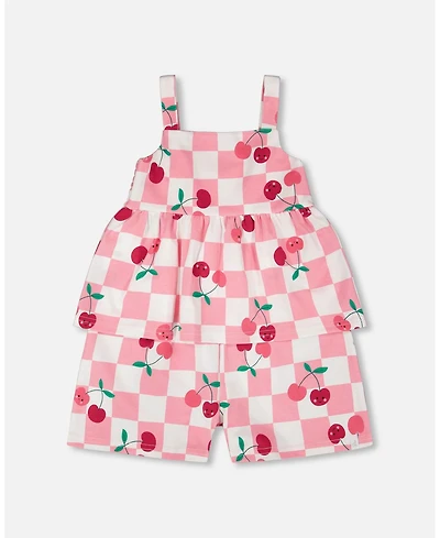 Deux par Big Girls Cotton Jersey Romper Pink Printed Cherries