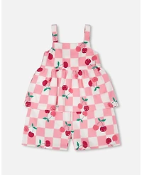 Deux par Big Girls Cotton Jersey Romper Pink Printed Cherries