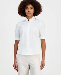 T Tahari Women's Mandarin-Collar Lace-Trim Blouse