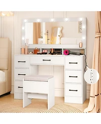 Volenca Makeup Vanity Table with Mirror and Lights, Power Outlets, Bedroom Dressing Desk