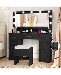Volenca Makeup Vanity Table with Mirror and Lights, Power Outlets, Bedroom Dressing Desk