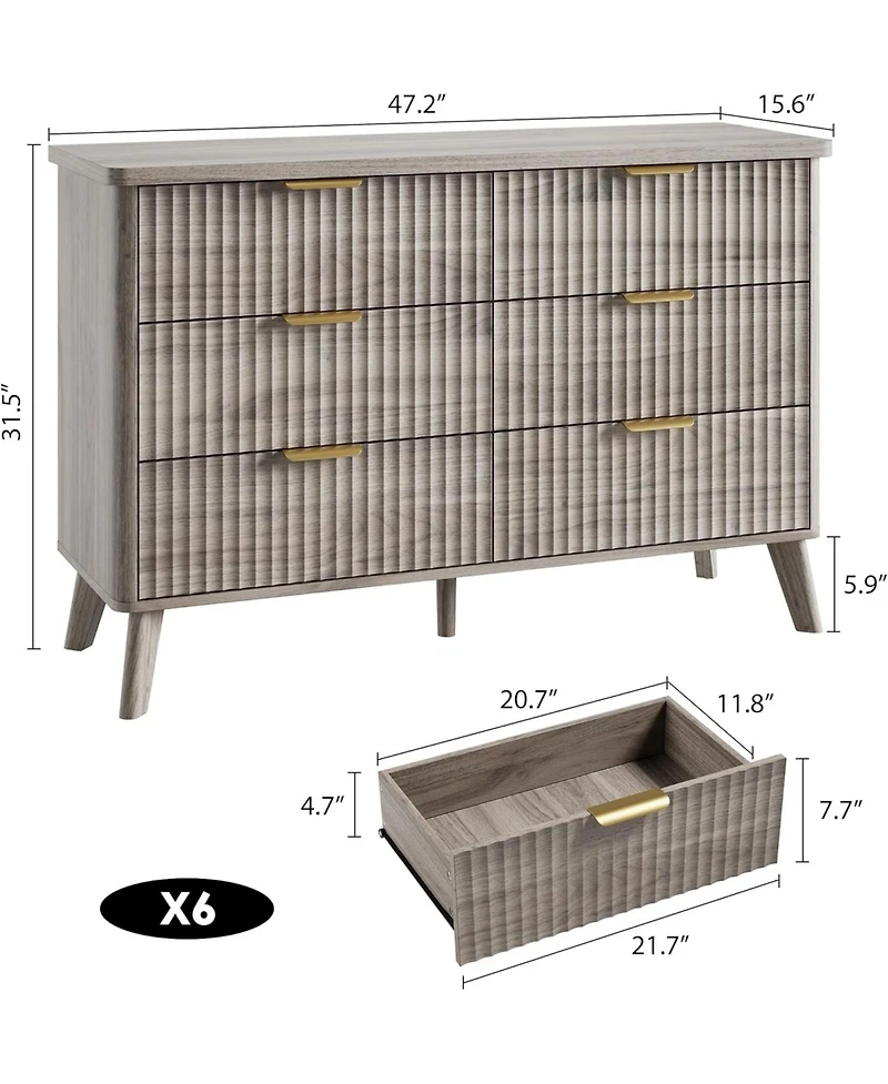 gaomon Fluted Dresser for Bedroom with 6 Deep Drawers, 47.2 in Wide Modern Chest of Drawers, Wooden Dresser Tv Stand, Curved Profile Design