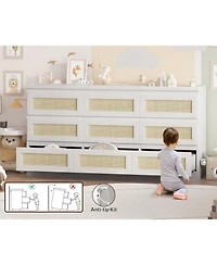 gaomon Rattan 9 Drawer Dresser with Charging Station, Farmhouse Chest of Drawers, Wide Closet Dresser Storage Organizer for Bedroom, Living Room