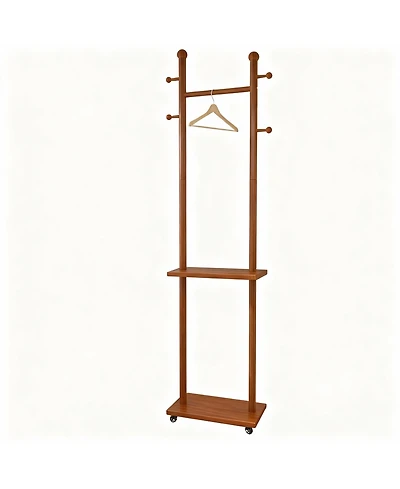 Yigii Solid Wood Walnut Coat Rack with Wheels & Shelves for Home