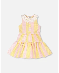 Deux par Deux Toddler Girls Sleeveless Dress with Crochet Peter Pan Collar Pink and Yellow Stripes