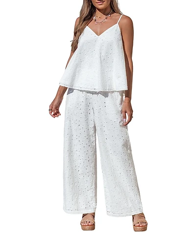 Cupshe Women's V-Neck Eyelet Embroidered Wide-Leg Matching Sets