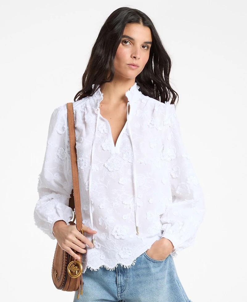 Michael Kors Women's Embroidered V-Neck Frill Top