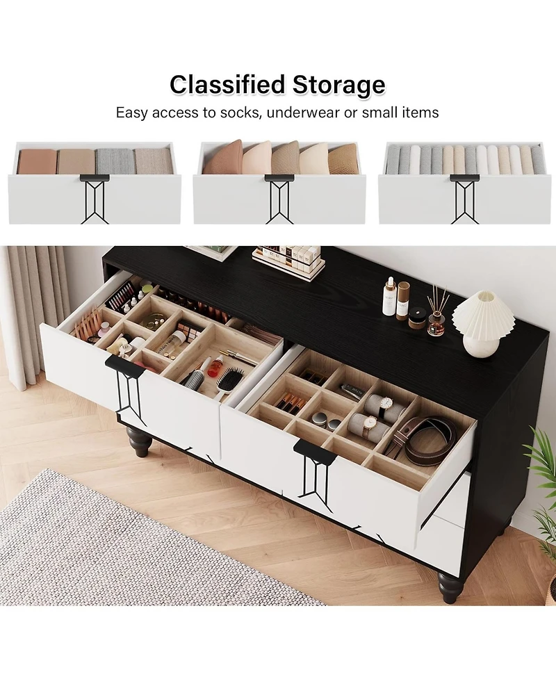 Gaomon Wooden 6 Drawer Dresser with Vintage Pattern Design, Modern Chest Dresser with Deep Drawers for Bedroom, Living Room, Entryway