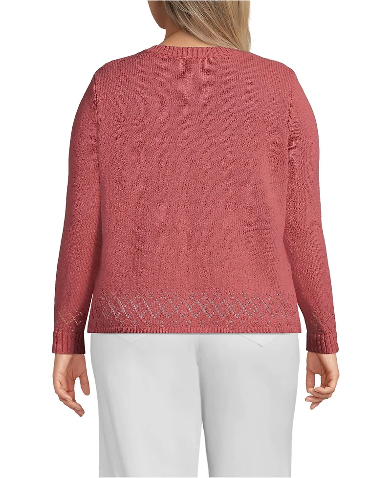 Lands' End Plus Pointelle Crew Neck Cardigan Sweater