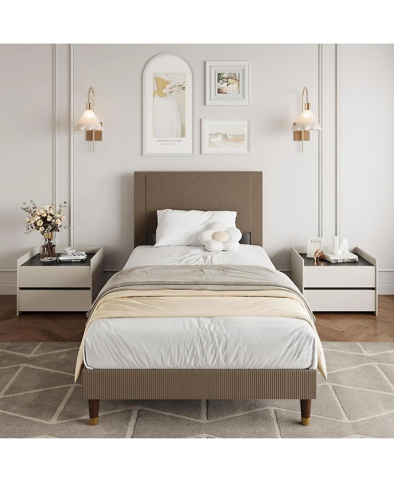 gaomon Full Platform Bed Frame with Headboard, Corduroy Upholstered Bed, Wooden Slats Support