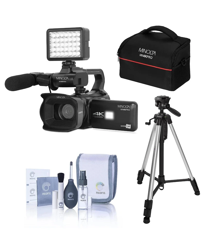 Minolta MN4KPRO 64MP 4K Camcorder Bundle with Tripod and Cleaning Accesories