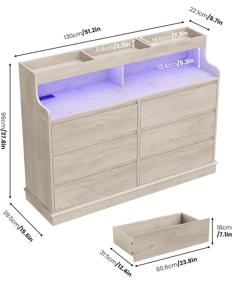 Gaomon 6 Drawer Dresser for Bedroom with Led Lights and Charging Station, Wooden Chest of Drawers with Spacious Top for Closet, Hallway, Living Room