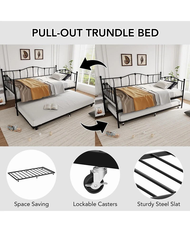 gaomon Metal Daybed with Trundle Bed, Twin Size, Premium Metal Frame