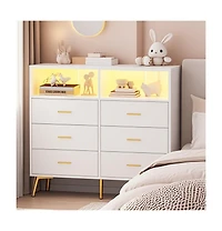 gaomon Dresser for Bedroom with 6 Drawers, Multi-Functional Nursery Dresser with Led Lights & Charging Station