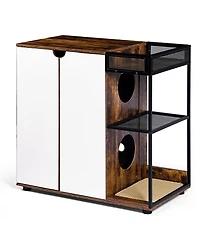 Cozito Double Cat Litter Box Enclosure Furniture Cabinet with Side Openings and Splash Pads.