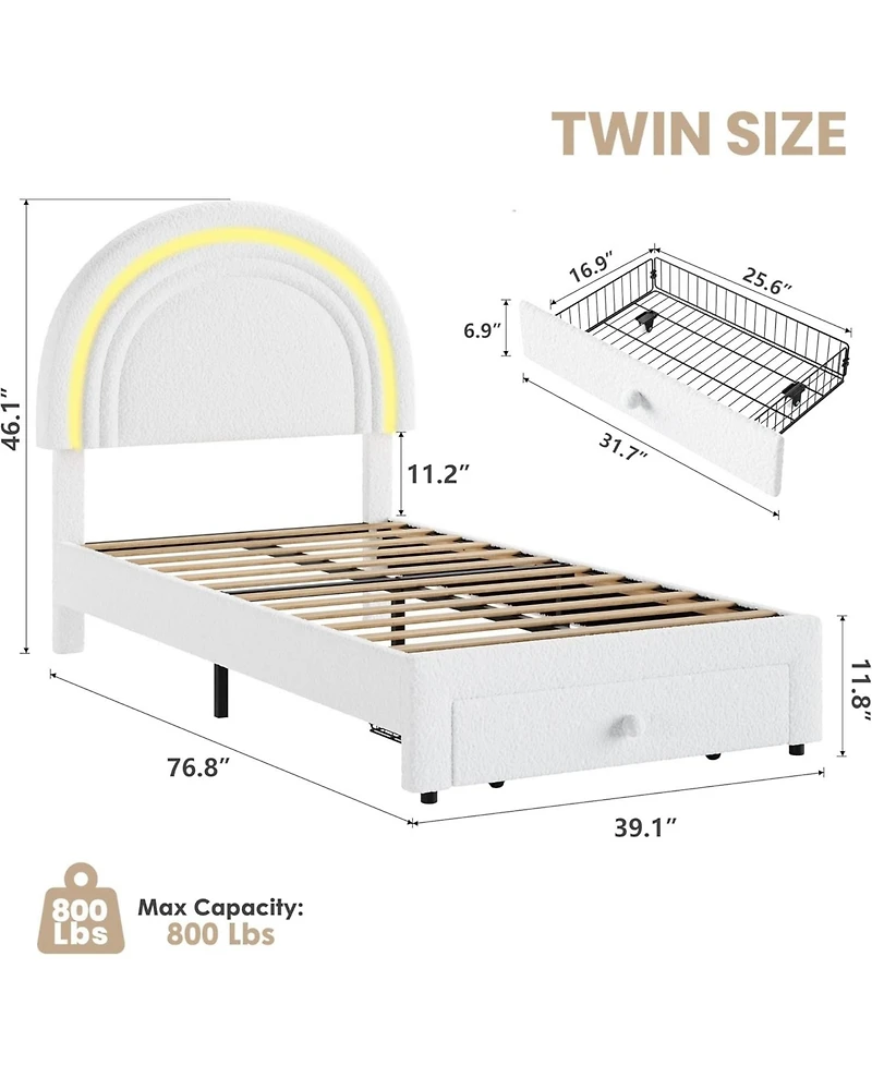 gaomon Twin Led Kids Bed Frame, Upholstered Platform with Rainbow Headboard & Storage Drawer, No Box Spring Needed