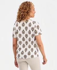 Jm Collection Women's Printed V-Neck Front-Zip Pleated Top, Macy's Exclusive