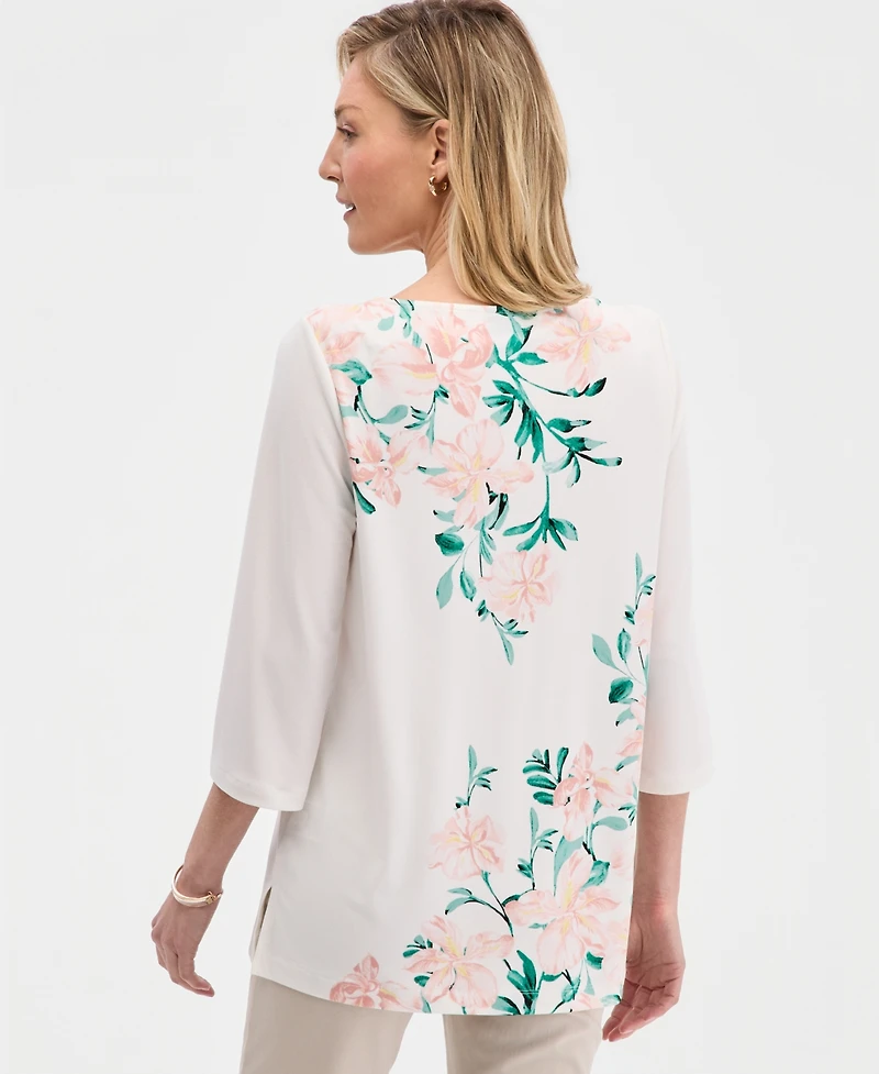Jm Collection Women's Printed Embellished 3/4-Sleeve Boat-Neck Top, Macy's Exclusive