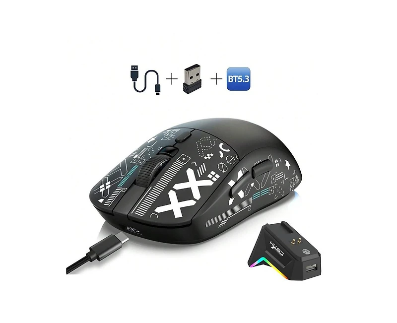 Risokeys Tri-Mode Wireless Gaming Mouse with Magnetic Rgb Charging Dock, 12000 Dpi, 650mAh Rechargeable, BT5.3+2.4G+Wired