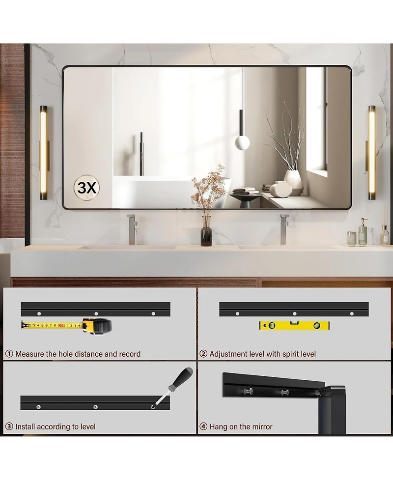 Homfan 72x36 Inch Black Metal Frame Bathroom Mirror | Rounded Rectangle Anti-Rust Vanity Wall Mirror | Horizontal or Vertical Mount for Bathroom