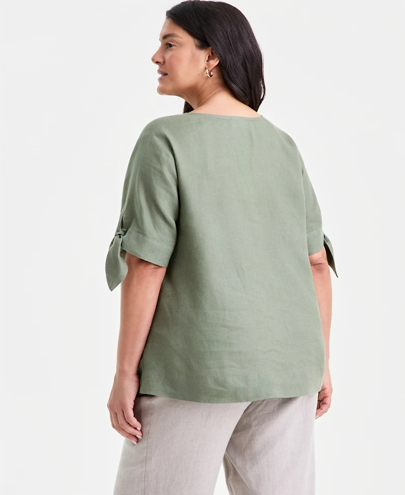 Charter Club Plus Linen Solid Split-Neck Tie-Cuff Top, Exclusively at Macy's