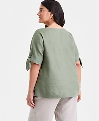 Charter Club Plus Linen Solid Split-Neck Tie-Cuff Top, Exclusively at Macy's