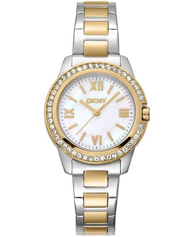 Dkny Women's White Mop Dial Crystal Bezel Two-Tone Gold Stainless Steel Bracelet Watch, 30mm