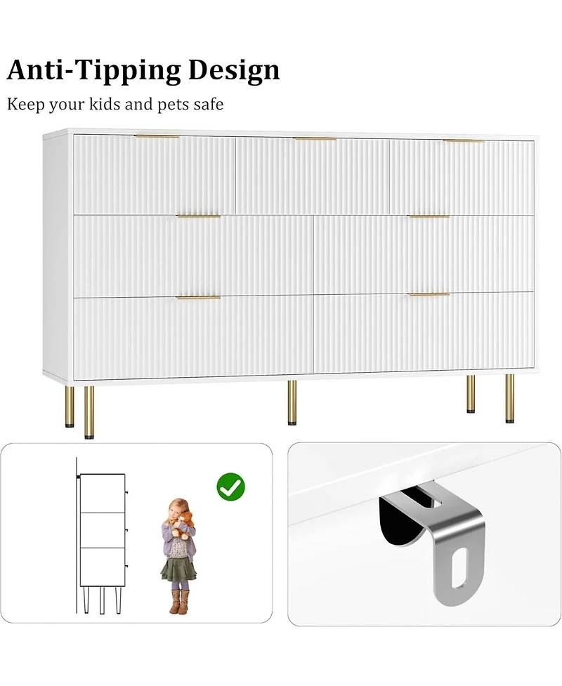 gaomon 7 Drawer Dresser, 55" Wide Fluted Dresser with Drawers, Modern Wooden Double Dressers Metal Handles for Living